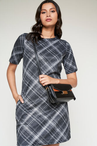 Chequered Formal Shift Dress, Grey, image 1